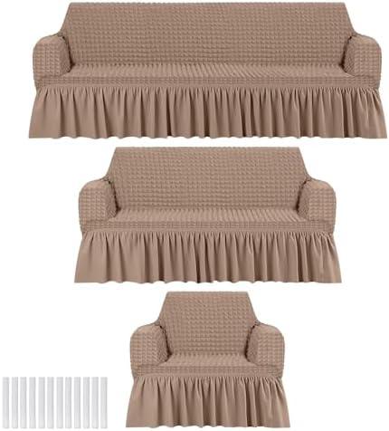 Fanfanwin 3 Pcs Sofa Slipcover Set for Couch Cushion Durable Washable High Elastic Stretchable Furniture Couch Covers with Skirt for Sofa Loveseat Arm Chair(Khaki,Seersucker) Only 2 Seater