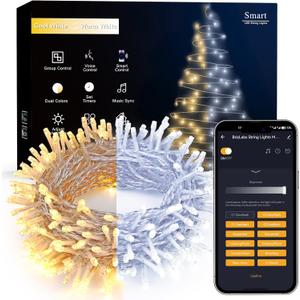 Brizled Smart Christmas Lights, 66FT 200 LED Warm White & Cool White Color Changing String Lights APP Control Fairy Light, Dimmable Music Sync Tree Light Clear Wire for Indoor Xmas Wedding Party Decor