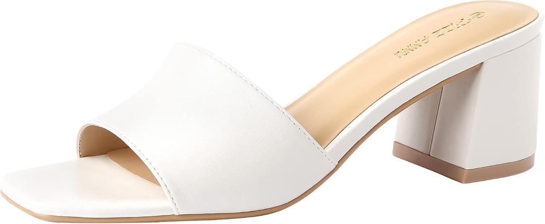 PIZZ ANNU Women's Square Open Toe Heels Sandals Low Block Chunky Heeled Sandal Slip on Mules Comfortable Casual Dress Pumps Shoes (White, 6.5)