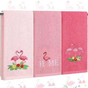 FuWeave 3 Pcs Pink Flamingo Summer Hand Towels for Bathroom 100% Cotton 29.5 x 13.8'' Embroidered Decorative Absorbent Soft Bath Hand Towels for Bathroom Kitchen Gift Decor