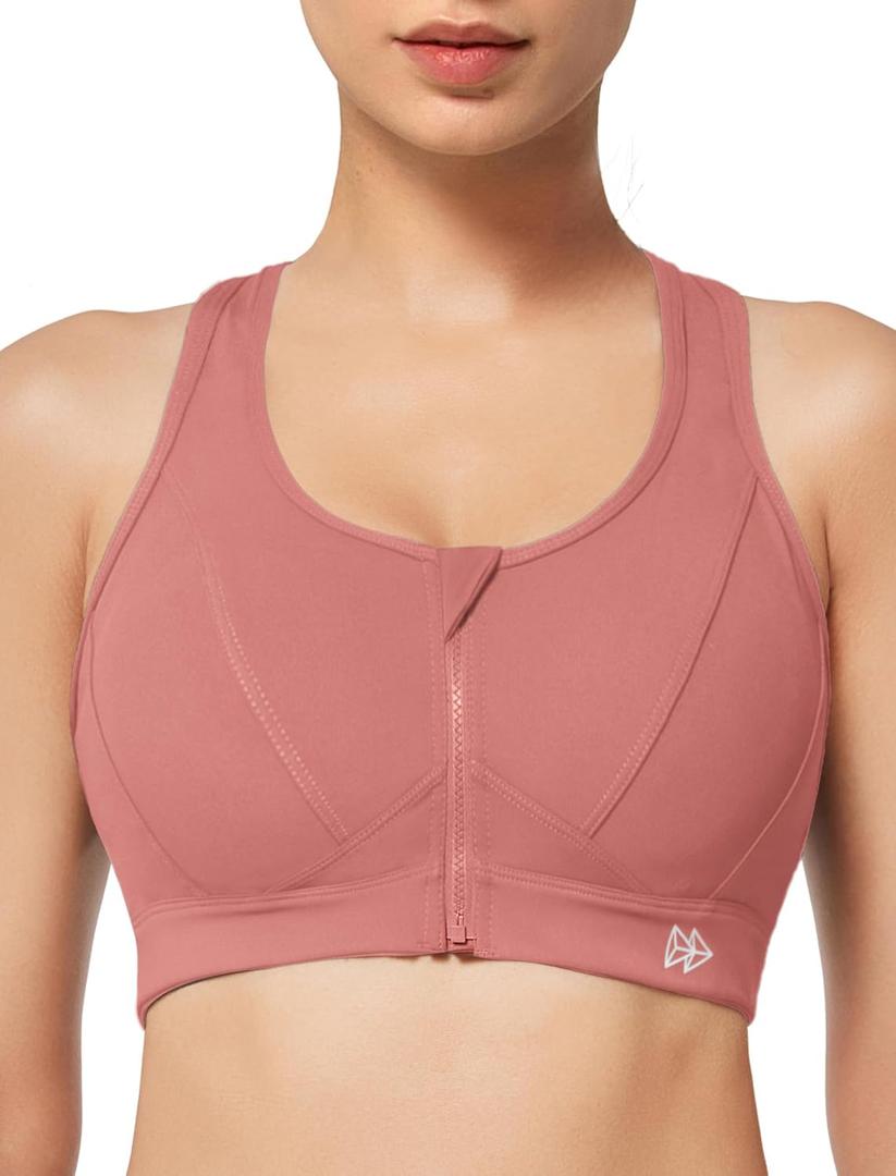 Yvette Zip Front Sports Bra - High Impact Sports Bras for Women Plus Size Workout Fitness Running (Medium, Rose Red)