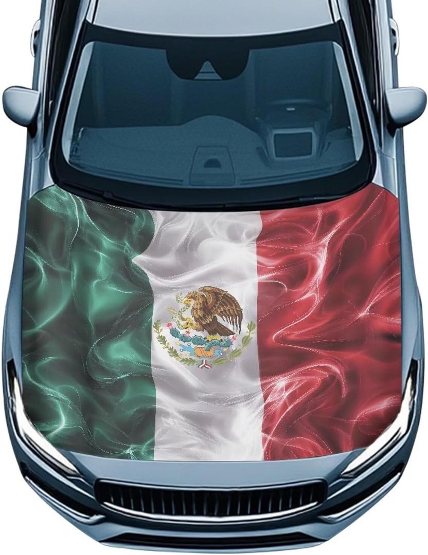 Mexico Flag Car Hood Cover All-Season Protection Car Hood Cover Protector Stretch Polyester Fabric Cover Removable Automotive Accessories Ft Fits Most Cars
