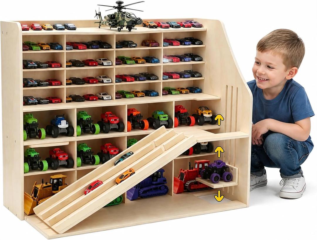 80+ Toy Car Large Garage Storage Display with Slide Runway & Racing Track