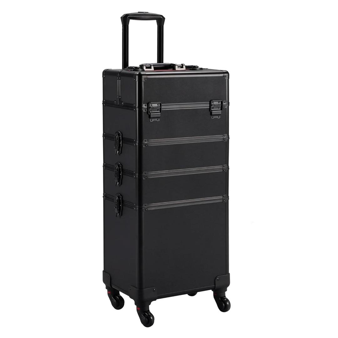 Yaheetech 4 in 1 Professional Makeup Train Case Aluminum Cosmetic Case Rolling Makeup Case Extra Large Trolley Makeup Travel Organizer, with 360 Swivel Wheels, Black (1 Count (Pack of 1))