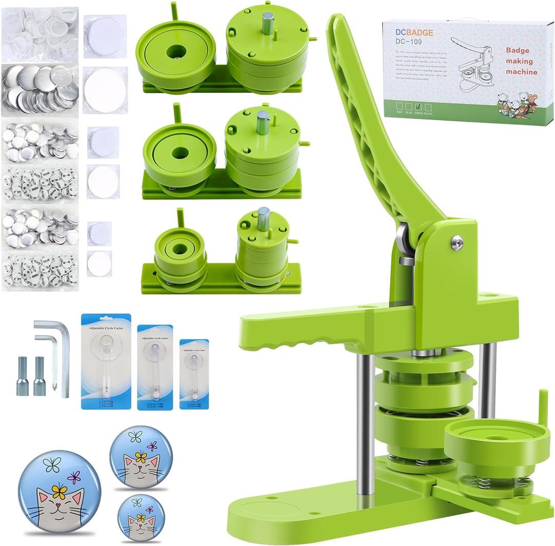 Button Maker Machine Multiple Sizes, DIY Pin Maker Button Press Machine 1.25+2.25+3 Inch, Removable Badge Press Kit with 300 Pcs 32mm+58mm+75mm Badge Supplies&Circle Cutter