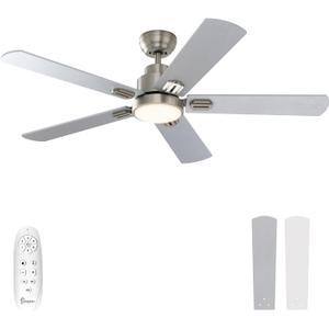 warmiplanet 52 Inch Indoor Ceiling Fans with Lights and Remote Control, 6 Speeds Slient Reversible DC Motor, 3 Color Dimmable LED Light, Timer, Brushed Nickel, 5 Blades