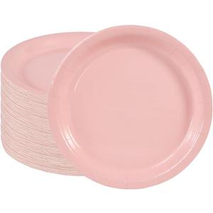 Ottin Solid Light Pink Paper Dessert Plates 7'' Disposable Appetize Cake Plates 50 Count for Birthday Wedding Party Snacks Dessert Cake Daily Use