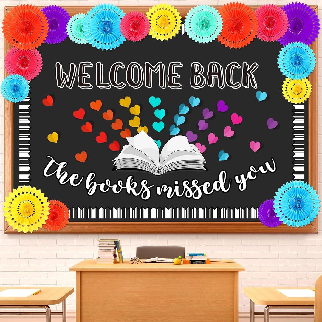 Qilery 83 Pcs Bulletin Board Set Welcome Back the Books Missed You Bulletin Board Decoration Cutout Back to School Classroom Decoration for Home School Library(Book), 24 x 36 inches
