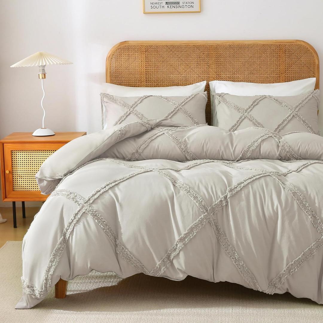 MILDLY Boho Duvet Cover Oatmeal - Tufted Geometric Textured King Size Comforter Cover Set with Corner Ties & Zipper Closure