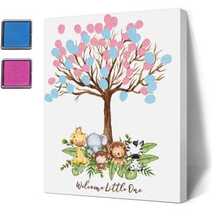 LNOKRIM Baby Shower Guest Book Fingerprint Tree Canvas, Jungle Safari Theme Gender Reveal Supplies, Personalized Alternative Guest Book,Fingerprint Guest Book (004)