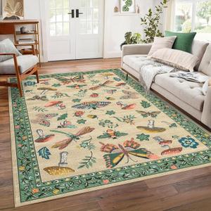 Mushroom Insect Washable Rug 5x7 Area Rugs for Bedroom Non Slip with Rubber Back Low Pile Stain Resistant Butterfly Carpet for Living Room Nursery Kitchen Dining Room Khaki Green