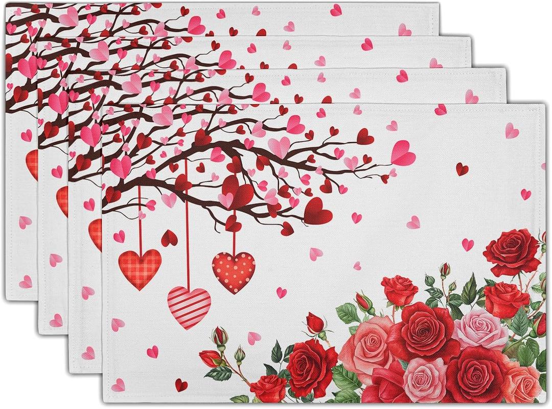 Giwawa Valentine's Day Placemats, Romantic Love Hearts Tree Branches Rose Floral Table Mat, Heat Stain Resistant Linen Place Mats for Kitchen Dining Wedding Anniversary Decor, 12"x18", Set of 4