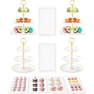 10 Pcs Cake Stand, Plastic Dessert Table Display Set, 4 Pcs 3 Tier Cupcake Stand Tower Holder and 6 Pcs Serving Tray for Tea Party Baby Shower Decorations, Round+Square