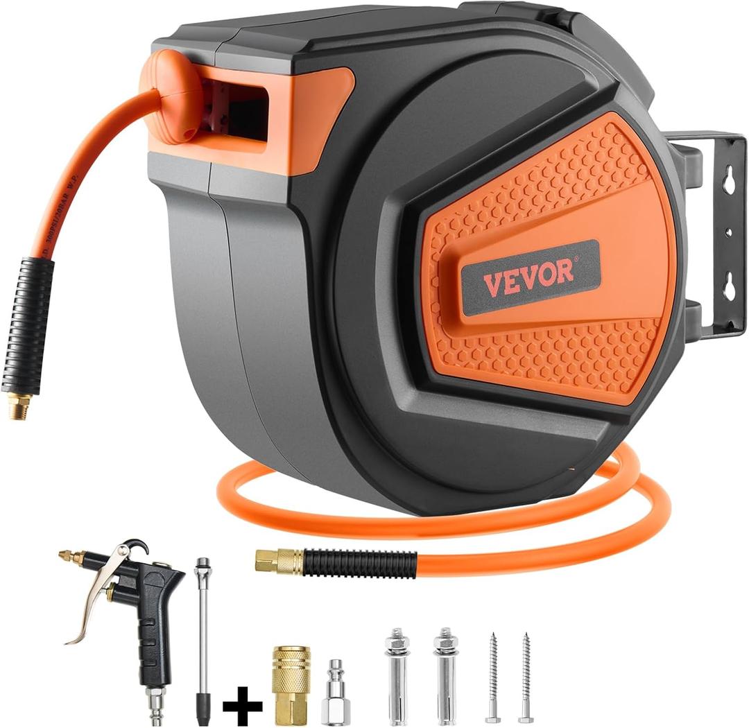 VEVOR Retractable Air Hose Reel, 3/8IN x 65FT Hybrid Air Hose Max 300PSI, Air Compressor Hose Reel Auto-Rewind with 6.6 FT Lead in, Ceiling/Wall Mount Enclosed PP Reel & Built-in 180 Swivel Bracket
