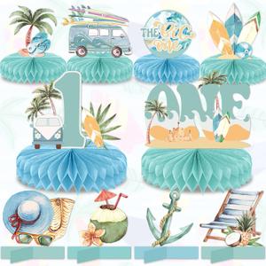 Chunnin 10Pcs The Big One Honeycomb Centerpieces for Summer Beach 1st Birthday Party Decoration Surfing Beach 1 Year Old Birthday Table Centerpieces Supplies for Baby Kid Birthday Table Topper Decor