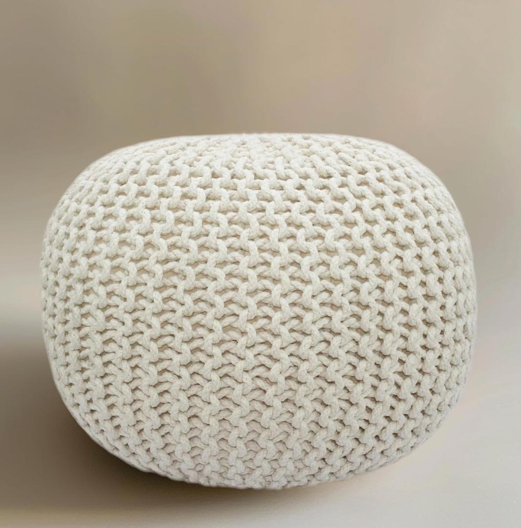 COTTON CRAFT Round Dori Pouf - Cotton Braid Cord Cable Knitted Ottoman - Foot Stool Footrest Floor Pouf Accent Furniture Bean Bag - Living Room Dorm Dcor - 20.5 Dia x 13.5 High - Round Ivory Cream
