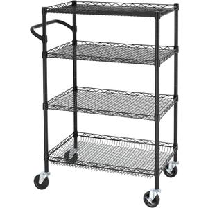 Finnhomy 4 Tier Heavy Duty Commercial Grade Rolling Cart with Handle Bar, Metal Wire Utility Cart with Wheels, Shelf Size 18" D x 30" W, NSF Listed, Black
