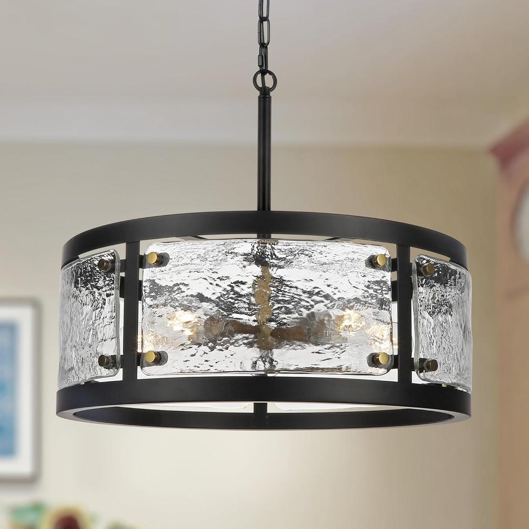 CNRATYE 20" Farmhouse Round Black Chandelier, 5-Light Rustic Dining Room Light Fixtures Over Table, Industrial Glass Chandeliers for Dining Kitchen Living Room, Clear Waterglass Drum Shade