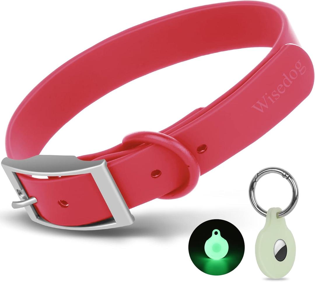 Wisedog Waterproof Dog Collar, Adjustable Soft Rubber Coated Webbing, Odor-Proof and Easy to Clean for Small Medium Large Dogs, with Airtags Case(XL|18"-23.6"  1 in, Coral Pink)