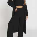 Fixmatti Women's Fuzzy 3 Piece Sweatsuit Open Front Cardigan Crop Tank Tops Wide Legs Pants Lounge Sets (Medium, 1-black)
