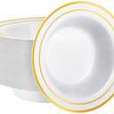 Goodluck 50 Pack Plastic Bowls with Gold Rim, 12oz Disposable Soup Bowls, Heavy Duty Dessert Bowls for Weddings, Parties, Dinners, Catering, Thanksgiving and Everyday Use