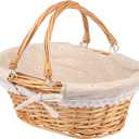 Wicker Basket with Handle, 14.2 x 11 x 6.7 Inch Wicker Picnic Baskets with Liner, Oval Willow Woven Basket for Fruit, Wine, Gathering, Wedding, Picnic,by GNIEMCKIN