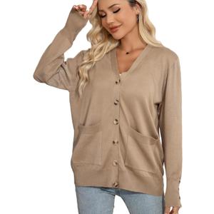CHUANGDA Women Fall Long Sleeve Cable Knit Sweater Button Open Front Cardigan Loose Outerwear Coat with Pockets (Brown, S)