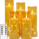 kakoya Flameless LED Candles with Timer 5 Pc Flickering Flameless Candles for Romantic Ambiance and Home Decoration Stable Acrylic Shell,with Embedded Star String，Battery Operated Candles（Gold）