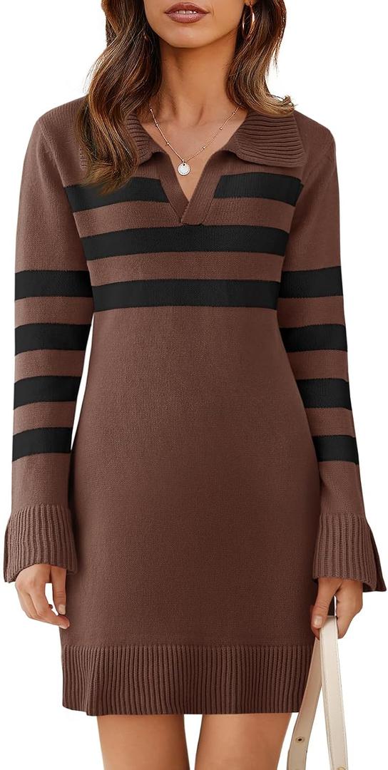 Saodimallsu Womens Striped Sweater Dress V Neck Collared Long Sleeve Slim Fit Ribbed Knit Trendy Mini Dresses (Black)