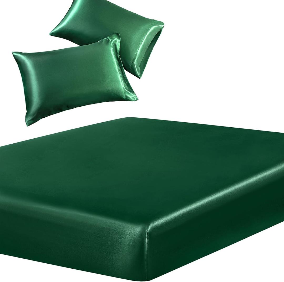 SiinvdaBZX 3-Piece Set Satin Twin Fitted Sheet & 2 Pillowcase, Emerald Green Silky Soft Fitted Bottom Sheet, Wrinkle Free, Fade Resistant, Deep Pocket Bed Sheet (Deep Up to 15")