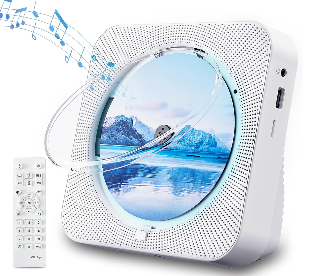 CD Player Portable Bluetooth 5.1 Desktop CD Player with HiFi Sound Speakers,Remote Control,Dust Cover,LED Display,Boombox FM Radio,USB/AUX for Home,Kids (White)