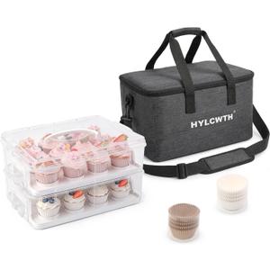 Cupcake Carrier, Cupcake Holder With Lid And Handles, 2-Layer Cupcakes Containers, 24 count Reusable Cupcake Box, Cupcake transport container With Portable Insulated Bag and 200Pcs Cupcake Liners