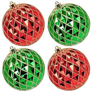 4" Christmas Ball Ornaments 4PCS Large Shatterproof Christmas Decorations Tree Balls Glitter Diamond Hanging Balls for Xmas Tree Wedding Party Holiday Decorations - Red, Green