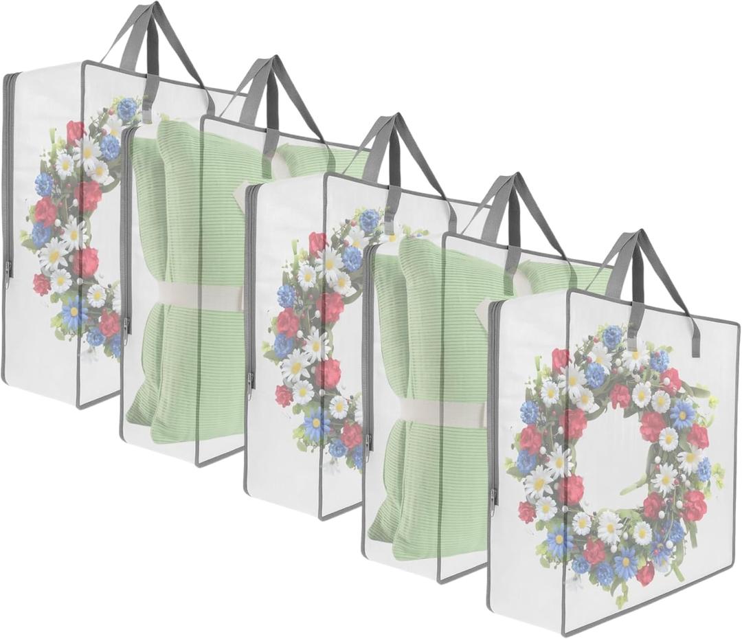 5 Pack Moving Bags, Wreath Storage Bag, Garland Container, Clear Storage Bags with Handles and Zippers Moving Bag for College Carrying, Bedding, Toys Organizer, Under the Bed Storage (Gray)