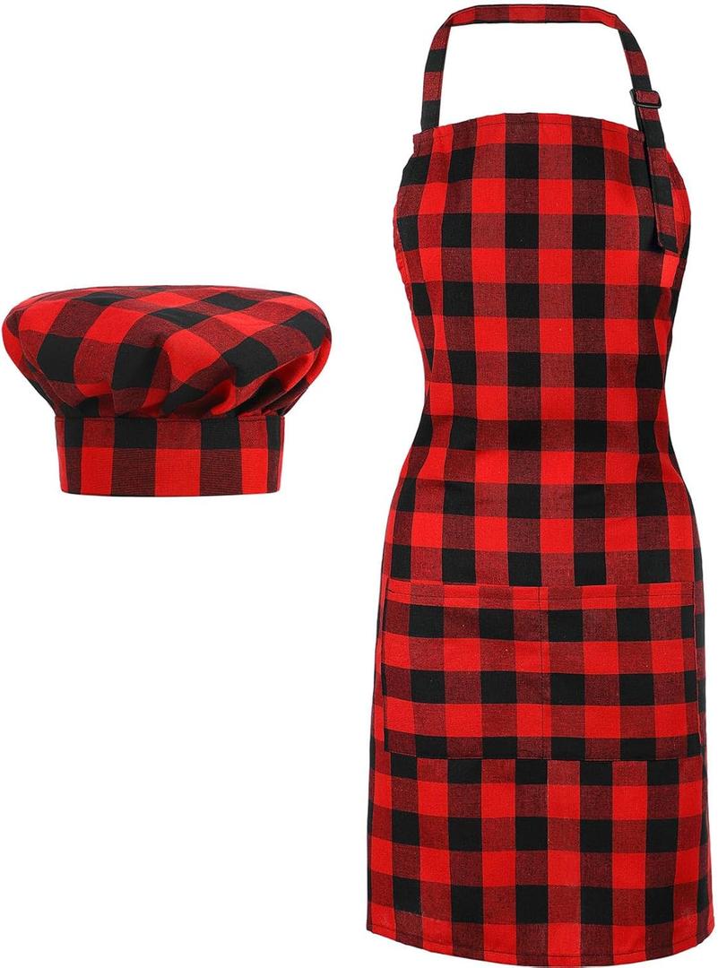 SATINIOR 2 Pcs Chef Costume for Women Men Chef Hat Apron Set for Adult Baker Apron Hat for Cooking Cosplay(Red, Black, Plaid Style)