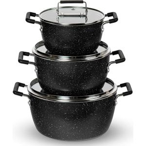 Granitestone Black Pots and Pans Set Nonstick, 6 Stackable Piece Cooking Pots Set, Kitchen Pots, Non Stick Coating, 5qt 3qt & 1.5qt Pots with Lids, Stay Cool Handles Dishwasher Safe 100% Toxin Free
