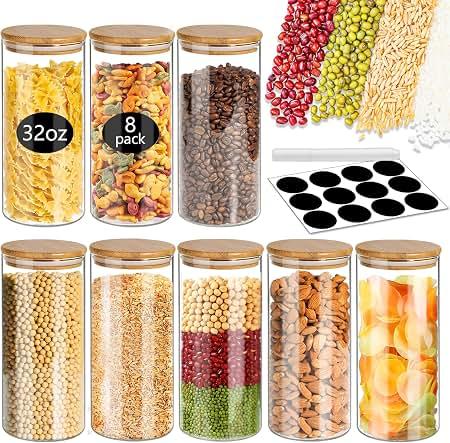 SLifeJars-32 oz Glass Jars with Bamboo Lids 8 pcs Glass Food Storage Containers with Airtight Bamboo Lids, Glass Canisters Stackable Kitchen Pantry bamboo lid for Coffee Beans, Rice, Sugar and More