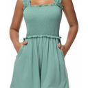 Tanou Women's Summer Casual Smocked Rompers Square Neck Sleeveless Loose Short Jumpsuit Flowy Beach Outfits with Pockets, Size S
