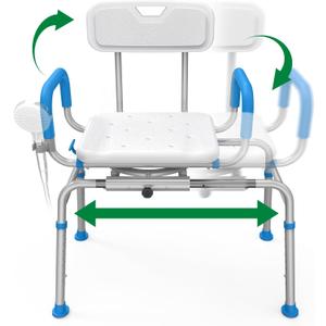 FSA/HSA Eligible Sliding Shower Chair Tub Transfer Bench for Bathtub with Swivel Seat, Shower Bench with Pivoting Arms, Height Adjustable Shower Seat, 350 lbs,White&Blue,Standard