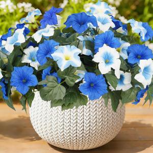 Artificial Flowers for Outdoors, Faux Petunias Spring Summer Decoration, Fake Flowers Plants UV Resistant Look Real Silk Flowers for Outside Planter Front Door Porch Patio Yard (6, Blue-White)