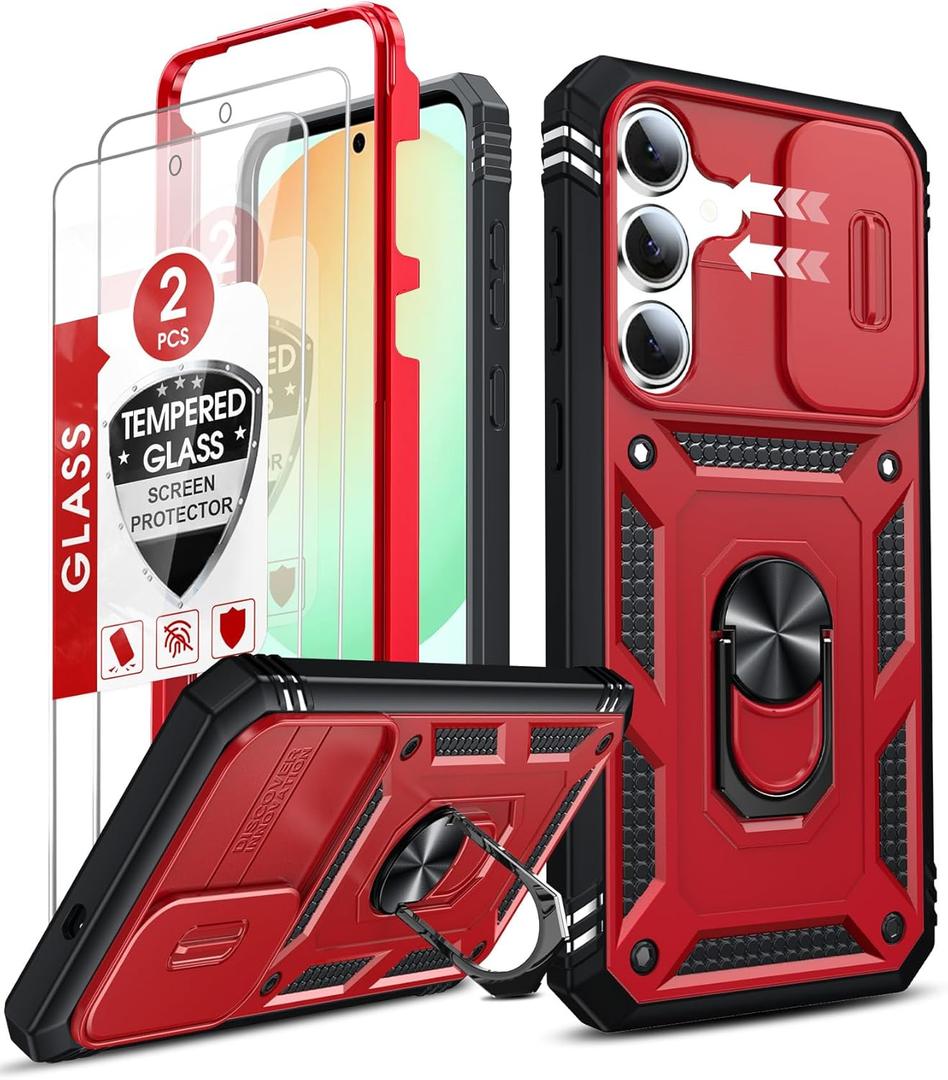 LeYi for Galaxy S25-FE Case, S25 FE Screen Protector Tempered Glass X 2 with S25 FE Phone Case, Samsung Galaxy S25 FE Phone Case Magnetic Stand, Shock Proof Cover para Samsung S25 FE, Red+Black