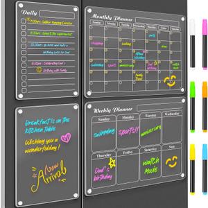 DIYMAG Magnetic Calendar for Refrigerator 4 PCS Dry Erase Whiteboard 15.2"x11.2" Magnet Fridge Wall Planners Planning Acrylic Clear Chalkboard Apartment Decor Meal Planner with 6 Colors Markers