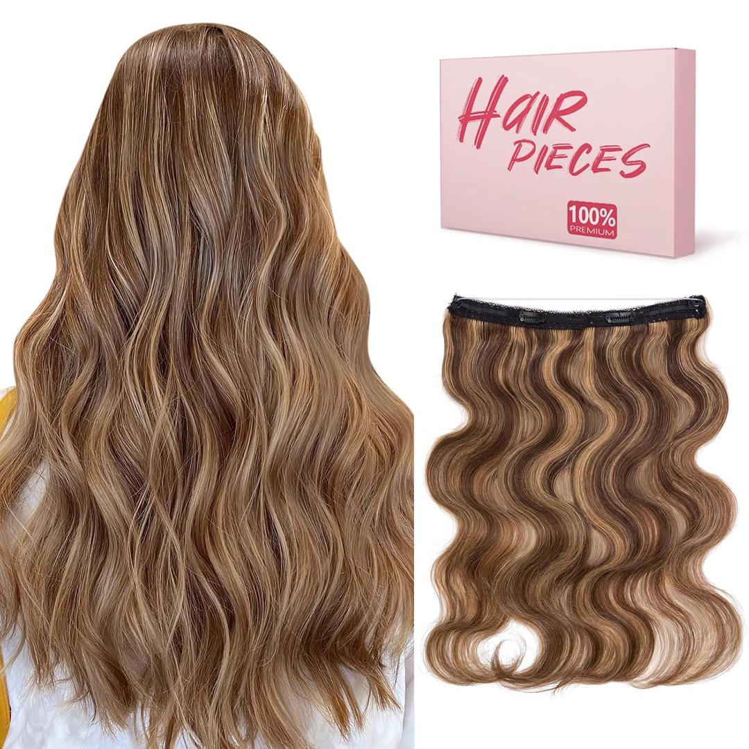 Benehair Halo Hair Extensions Real Human Hair, Halo Hair Extension 100% Human Hair, Wavy Halo Extensions Human Hair, Hair Halo Extensions, Wire Hair Extension, Medium Brown&Dark Blonde 55g/12inch