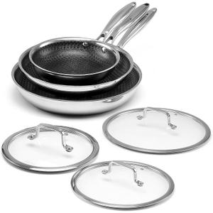 Non Stick Frying Pan Set, 8, 10 and 12-Inch Hybrid Non Toxic Fry Skillet with Lids, Dishwasher and Oven Safe, Induction Ready, Silver Kitchen Cookware set (7-Piece Pan Set)