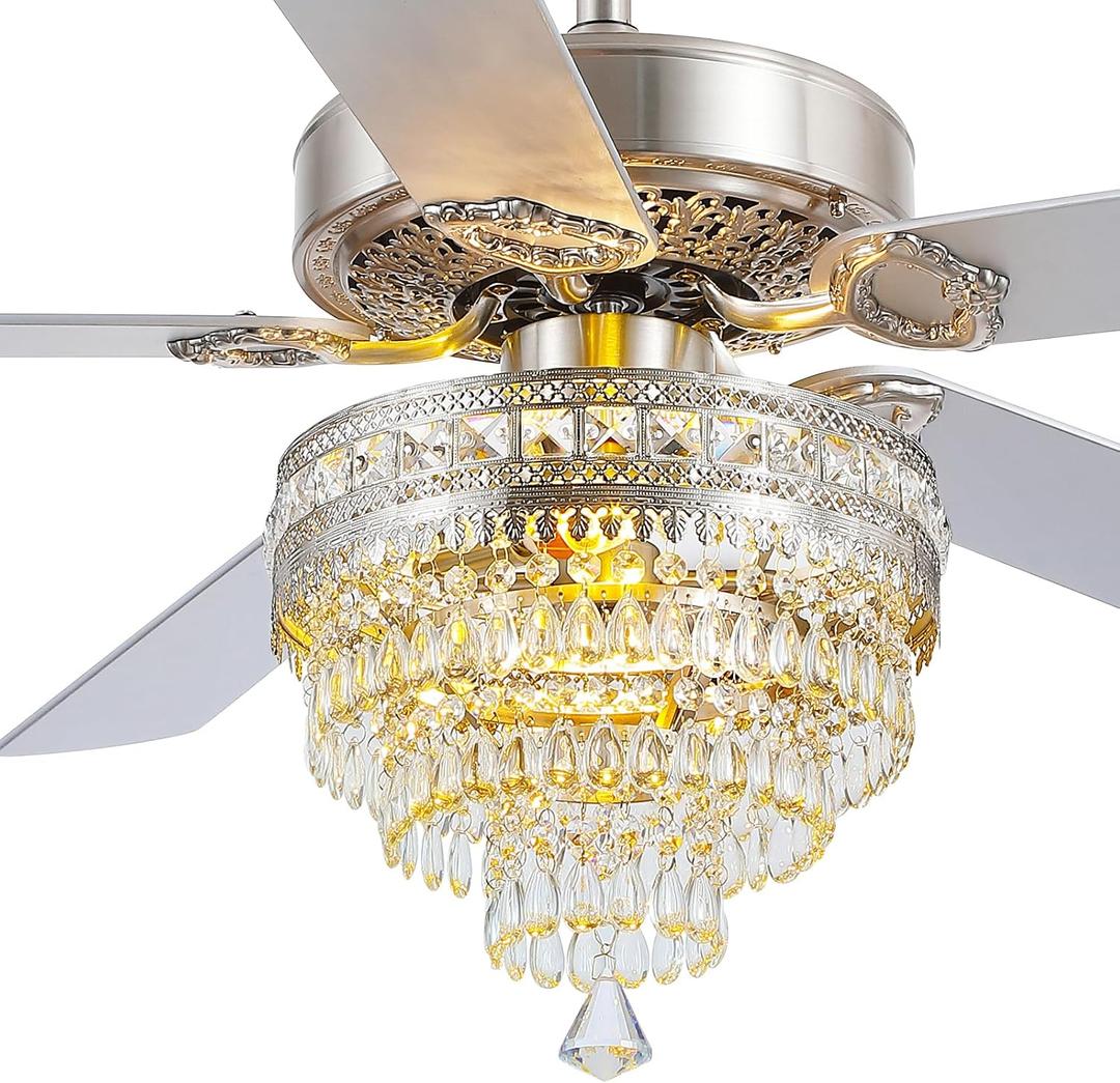 52" Silver Crystal Chandelier Ceiling Fans with Lights and Remote Control | Classical Design,6 Reversible Speeds,30W Quiet DC Motor,5 Wooden Blades,2*E12 LED Bulbs Included,for Living Room Bedroom