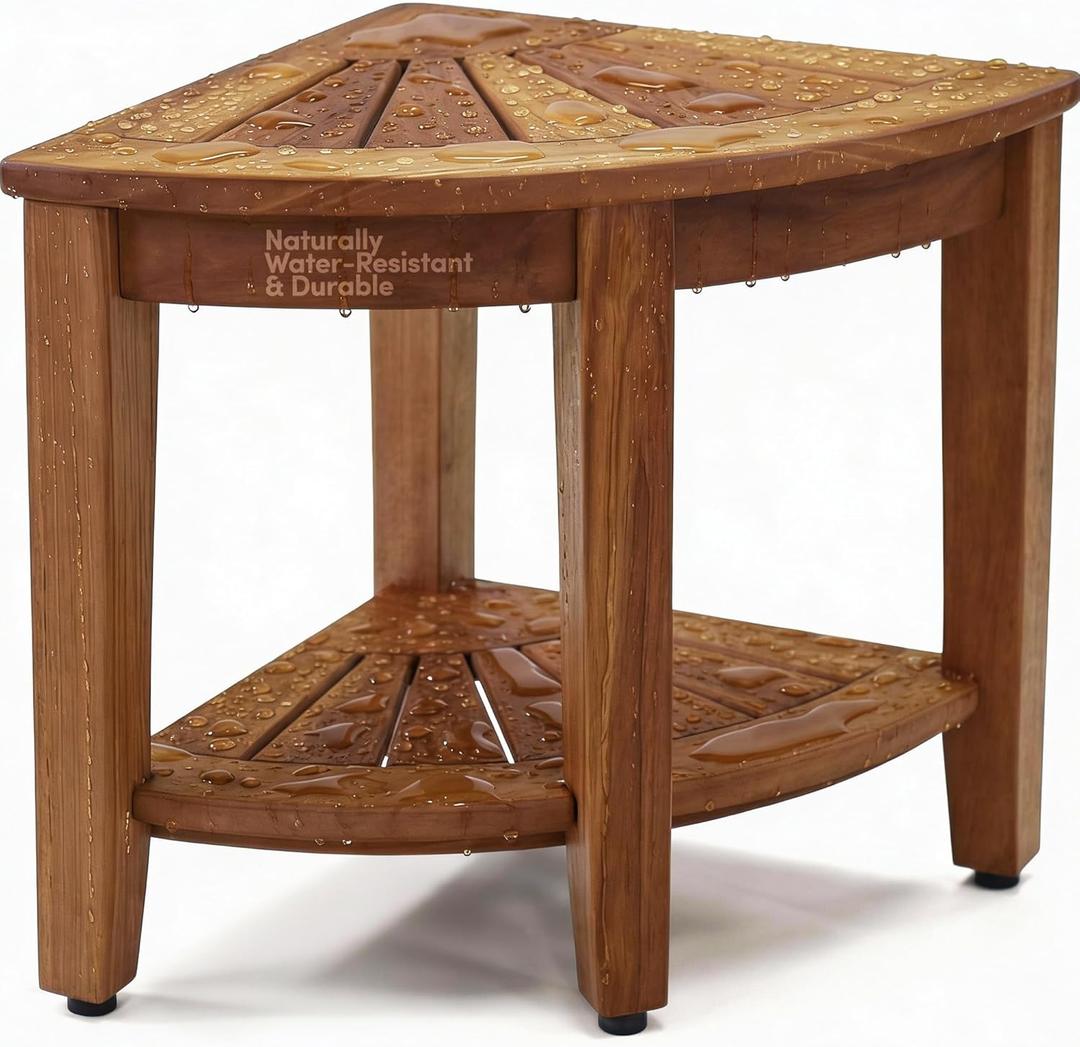 AquaTeak The Original 15.5" Kai Corner Teak Shower Bench - Shower Stool with Storage Shelf for Bathroom - Durable Water Resistant Shower Chair - Shaving Foot Rest - Indoor & Outdoor Use