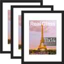 upsimples 11x14 Picture Frame Set of 3, Made of High Definition Glass for 8x10 with Mat or 11x14 Without Mat, Wall and Tabletop Display Photo Frames, Black