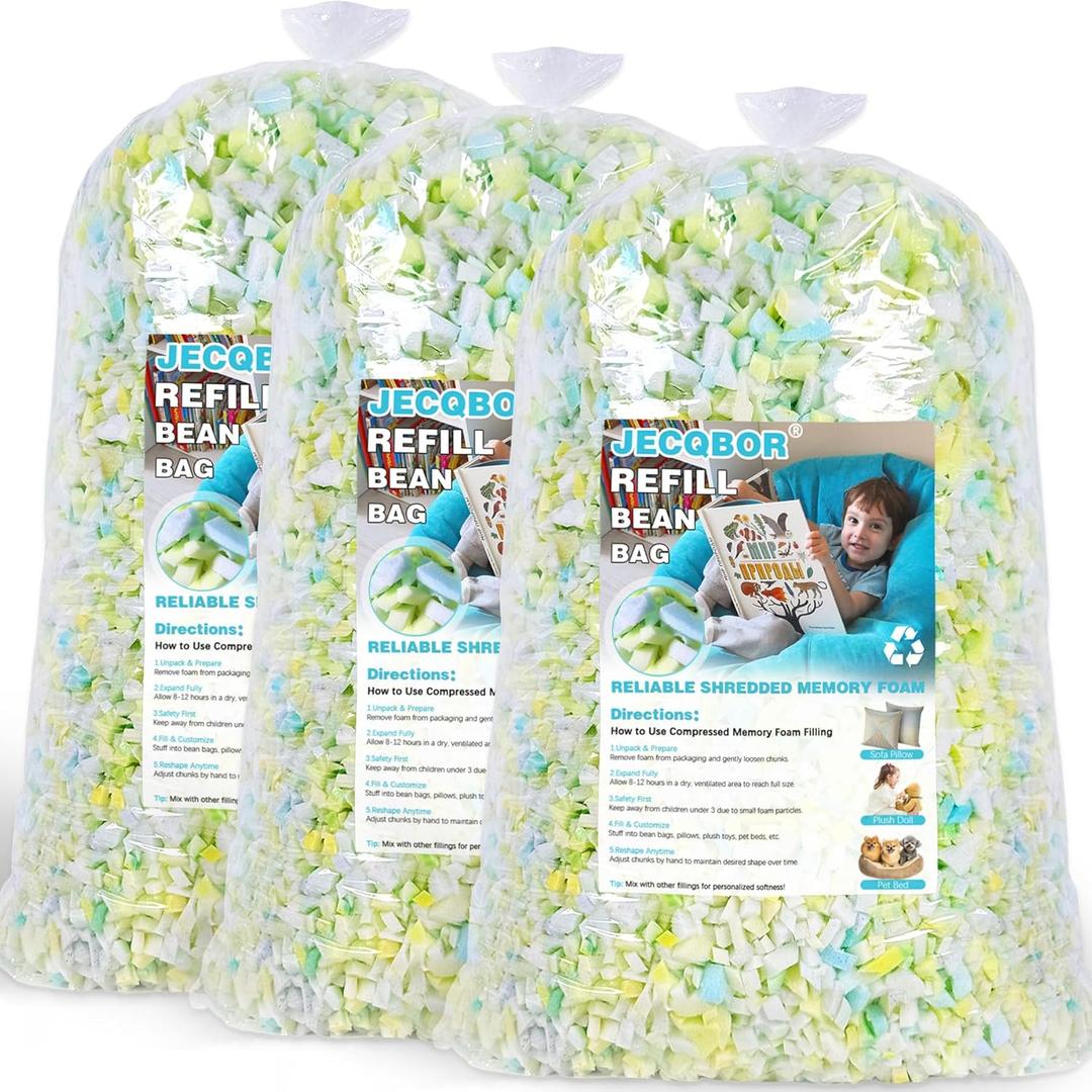 Jecqbor 15lbs Shredded Memory Foam Filling for Bean Bag Chair, Premium Beanbag Stuffing High Density Memory Foam Refill