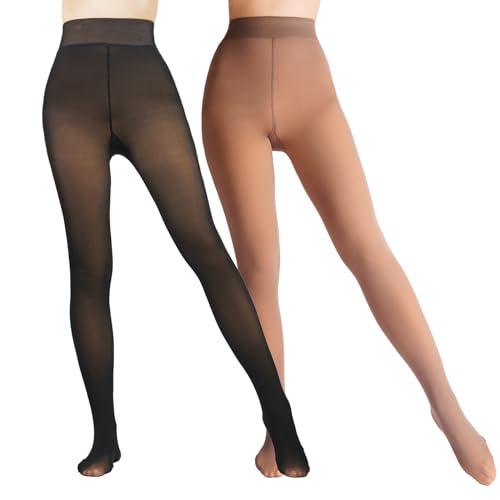 Caprilite 2 Pairs Women Fleece Lined Tights-Fake Translucent Leggings High Waist Pantyhose Sheer Thick Warm Tights For Women,  2XL