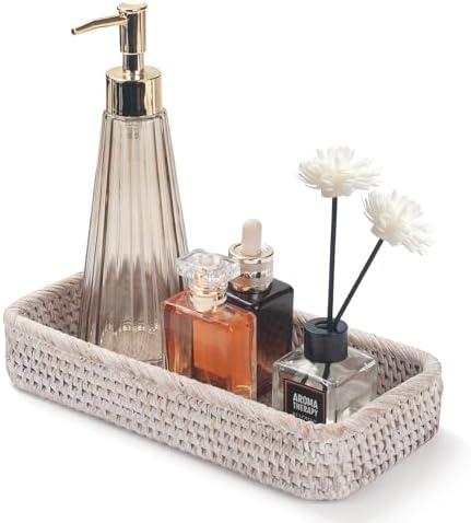 Rattan Bathroom Vanity Tray, Toilet Tank Tray, Toilet Basket Tank Topper, Bathroom Basket for Organizing and Decor (Whitewash, 10.2" x 4.9" x 1.6")